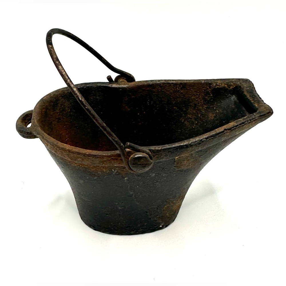Antique Miniature Black Cast Iron Coal Scuttle Basket Vintage